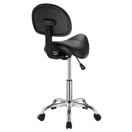 Saddle Stool with Backrest and Wheels, 450 Lb, Black