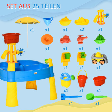 Sand & water play table for children, 25 pcs, parasol included