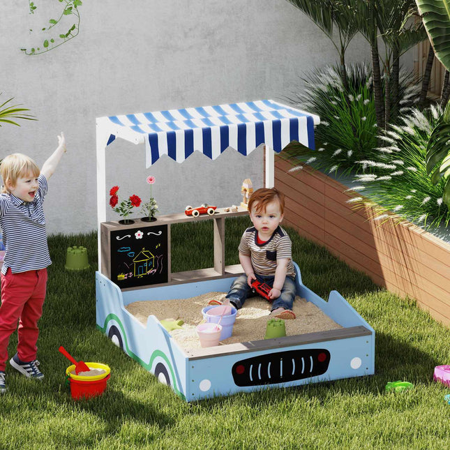 Zandbak met dak, 90 x 108 cm Houten zandbak Zandbak met bank, tekentafel, plantenbakken, winkelinrichting voor 2 kinderen 3-7 jaar blauw Aosom