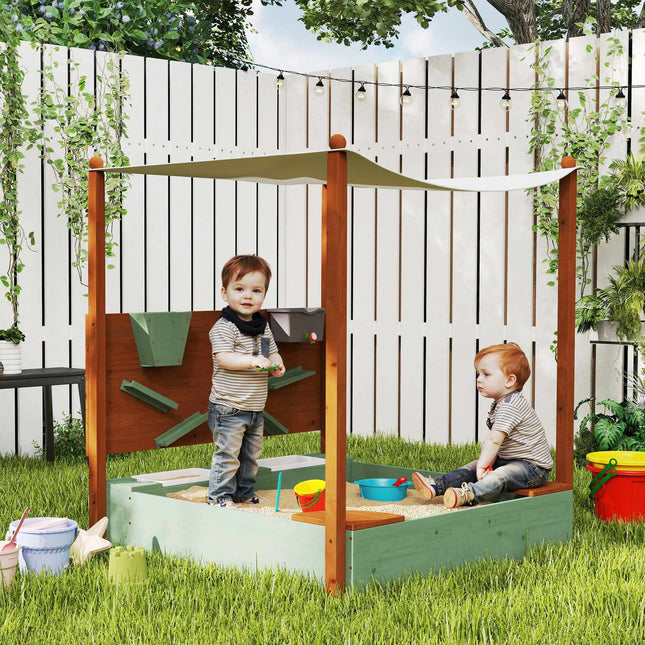 Wooden sandbox with seat & toys, 116 x 112.5 cm, green