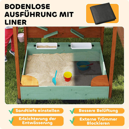Wooden sandbox with seat & toys, 116 x 112.5 cm, green