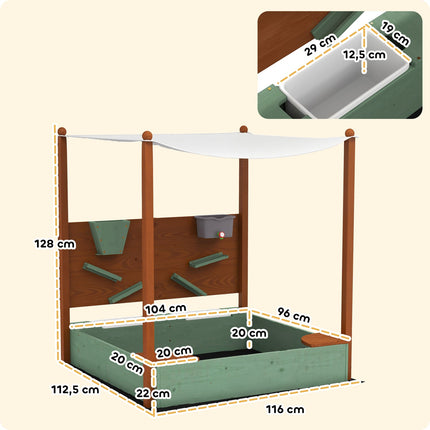 Wooden sandbox with seat & toys, 116 x 112.5 cm, green