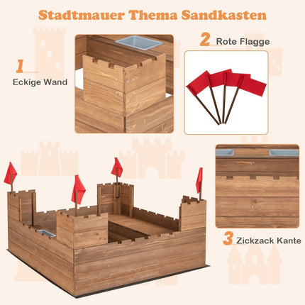 Sandbox with storage compartments and flags, wooden sandbox for 1-2 children aged 3 and over, 113 x 116 cm