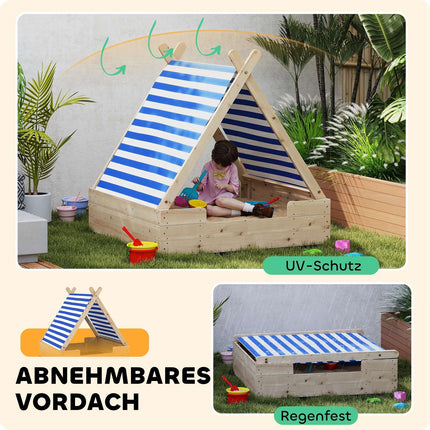 Wooden sandbox with canopy and base, 120 cm