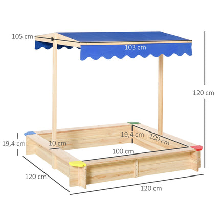 Children's sandbox in natural fir wood with crank roof, 120x120cm