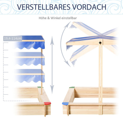 Children's sandbox in natural fir wood with crank roof, 120x120cm