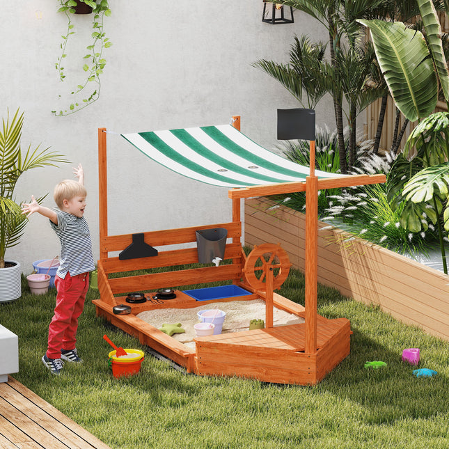 Large wooden sandbox with lid and play kitchen