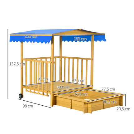 Wooden sandbox playhouse with roof, wheels, for 3-8 years