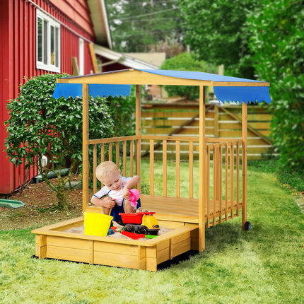 Wooden sandbox playhouse with roof, wheels, for 3-8 years