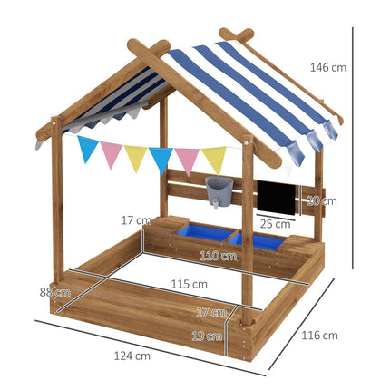Wooden sandbox with roof and seat, 124x116x146cm, 3-7 years