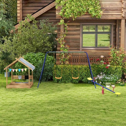 Wooden sandbox with roof and seat, 124x116x146cm, 3-7 years