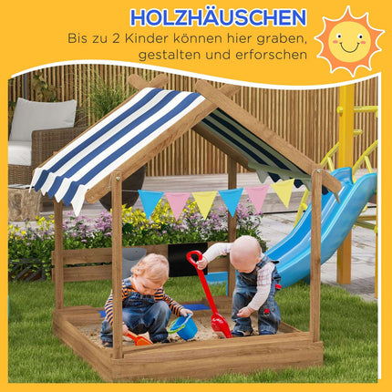 Wooden sandbox with roof and seat, 124x116x146cm, 3-7 years
