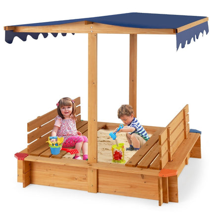 Sandpit with roof 120 x 120 cm sandpit made of cedar wood sandbox large with 2 convertible benches natural