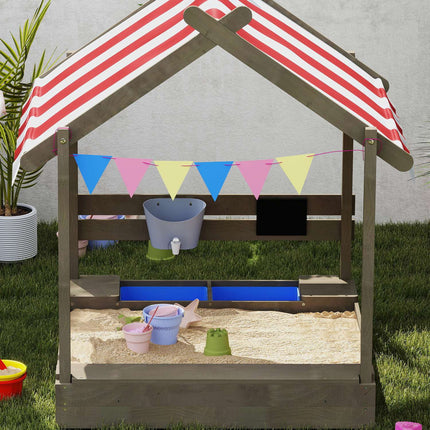 Wooden sandbox with roof & seat, 124x116x146 cm, Grey