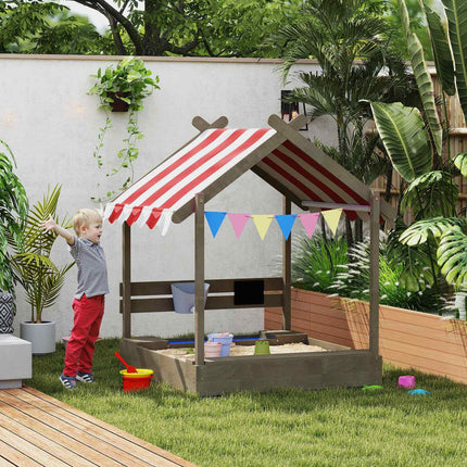 Wooden sandbox with roof & seat, 124x116x146 cm, Grey
