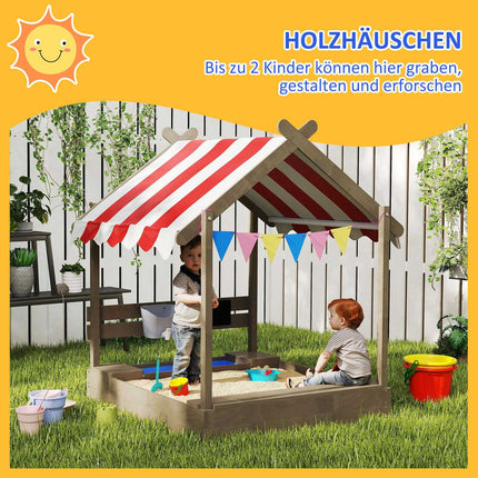 Wooden sandbox with roof & seat, 124x116x146 cm, Grey