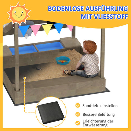 Wooden sandbox with roof & seat, 124x116x146 cm, Grey