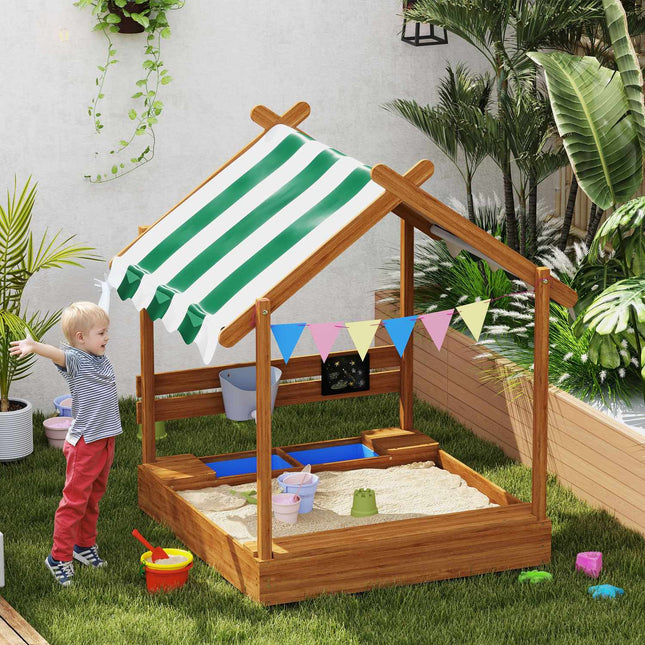 Wooden sandbox with seat and roof, 124x116x146 cm for children