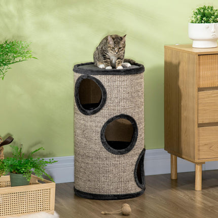 Cat Scratching Barrel with 3 sisal and plush caves, gray
