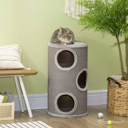 Cat Scratching Barrel with Sisal & Plush, 3 Caves, Light Grey