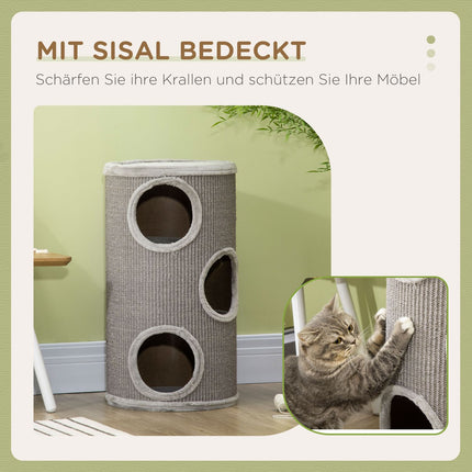 Cat Scratching Barrel with Sisal & Plush, 3 Caves, Light Grey