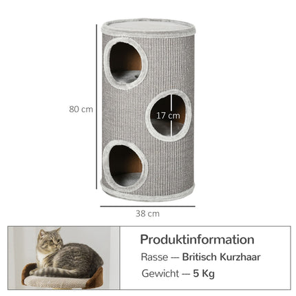 Cat Scratching Barrel with Sisal & Plush, 3 Caves, Light Grey