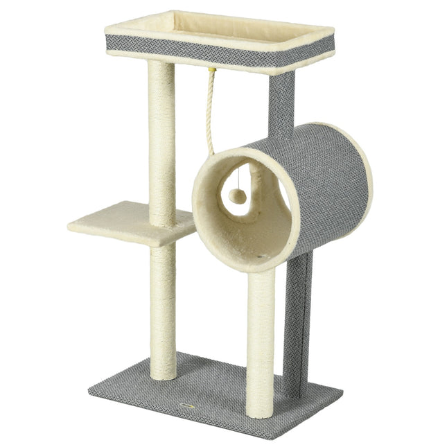 Cat tree with sisal scratching post, play ball and beds, gray