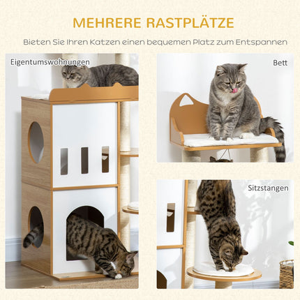 Cat tree with caves & play ball, 133 cm Oak & White