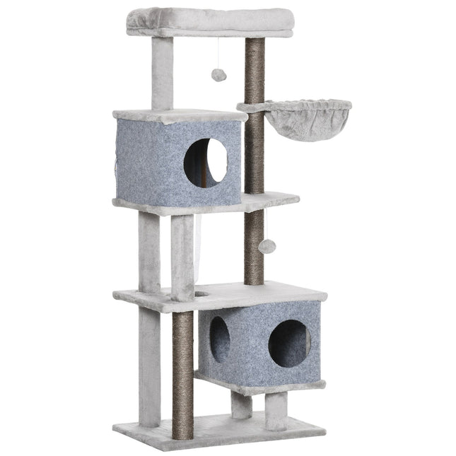 Tall cat tree with caves and platforms, sisal poles, gray