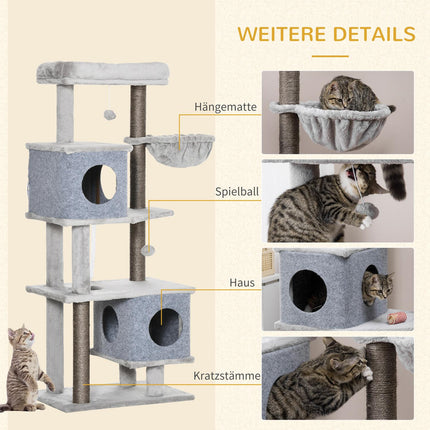 Tall cat tree with caves and platforms, sisal poles, gray