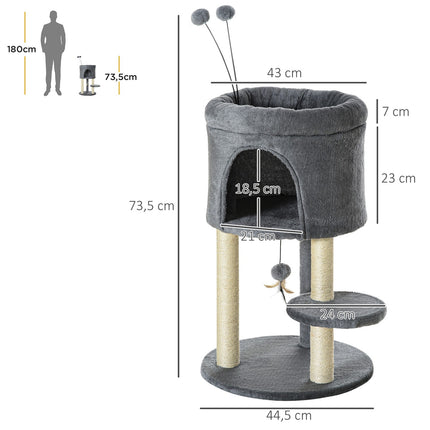 Cat tree with cave, toy ball & sisal - grey/cream, 73.5 cm