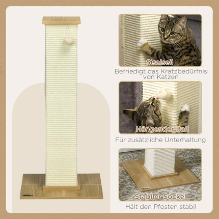 Cat Scratching Post 80cm - Sisal Rope, Play Ball, Oak/Cream