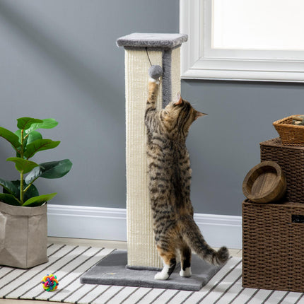 Cat scratching post, 81 cm sisal, gray and cream with play ball