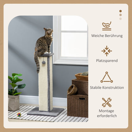 Cat scratching post, 81 cm sisal, gray and cream with play ball