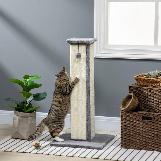 Cat scratching post, 81 cm sisal, gray and cream with play ball