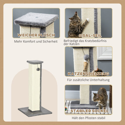 Cat scratching post, 81 cm sisal, gray and cream with play ball