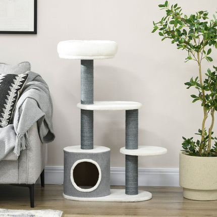 Cat tree with cave & scratching post, 98cm, grey/white