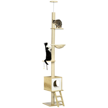 Cat scratching post with high ceiling with house and hammock