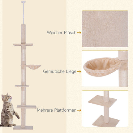 Adjustable beige cat tower with sisal for climbing, 230-260cm