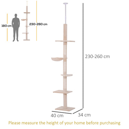 Adjustable beige cat tower with sisal for climbing, 230-260cm
