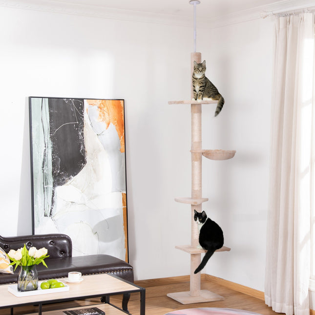 Adjustable beige cat tower with sisal for climbing, 230-260cm