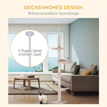 Adjustable beige cat tower with sisal for climbing, 230-260cm