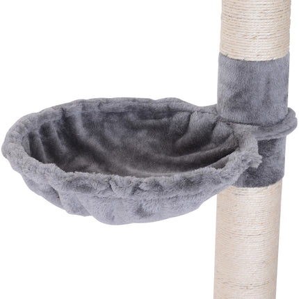 High ceiling, gray cat tree with adjustable height and sisal