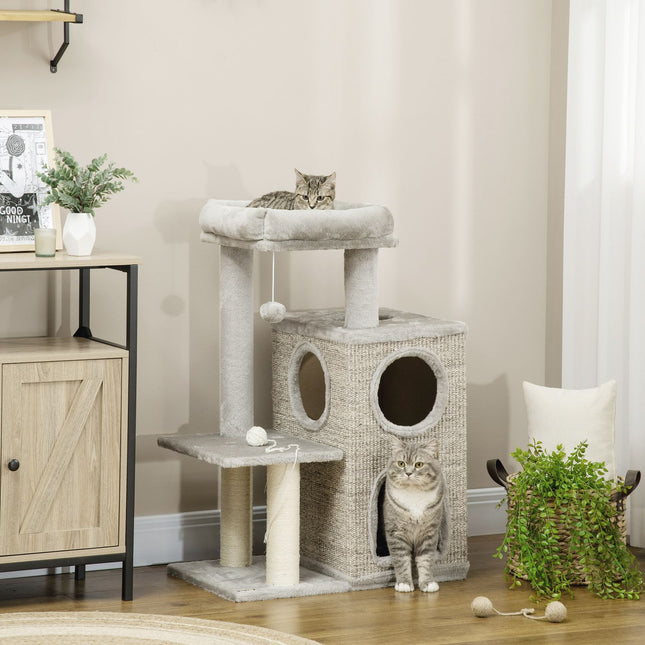 Cat Scratching Tower, light gray - twin caves and sisal posts, 91 cm