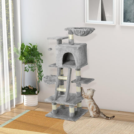 Multi-layer scratching post Cat tree with hammock, gray