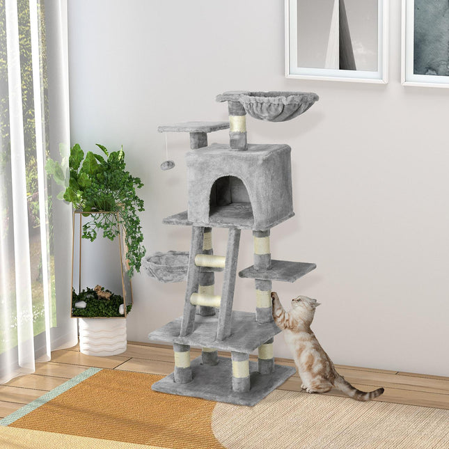 Multi-layer scratching post Cat tree with hammock, gray
