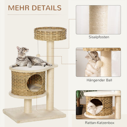 Cat tree with caves and sisal posts, natural rattan, 95 cm