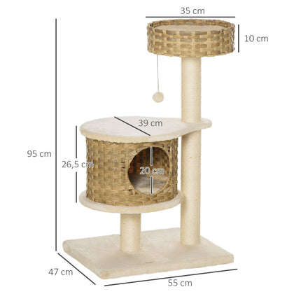 Cat tree with caves and sisal posts, natural rattan, 95 cm