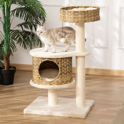 Cat tree with caves and sisal posts, natural rattan, 95 cm