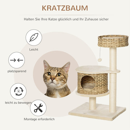 Cat tree with caves and sisal posts, natural rattan, 95 cm